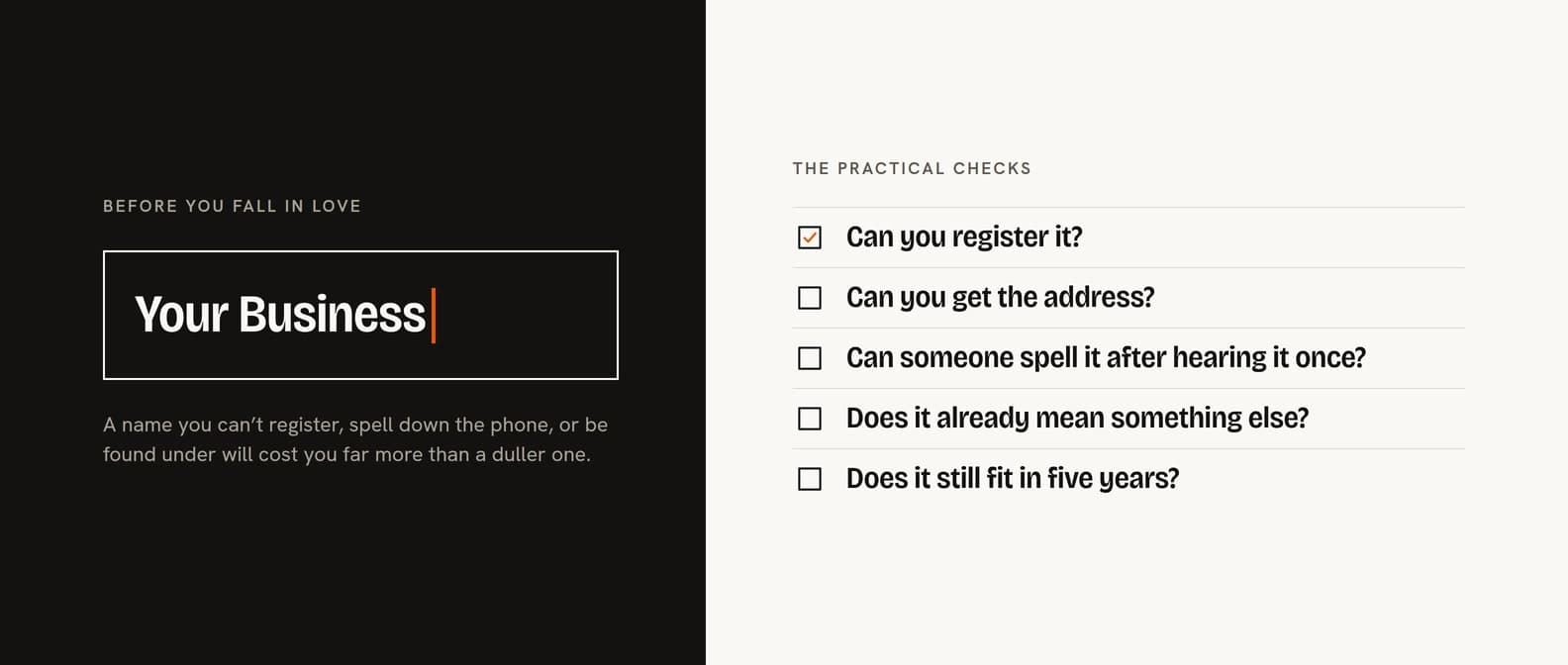 A sign reading “Your Business” beside five checks to make before choosing a name, from “Can you register it?” to “Does it still fit in five years?”