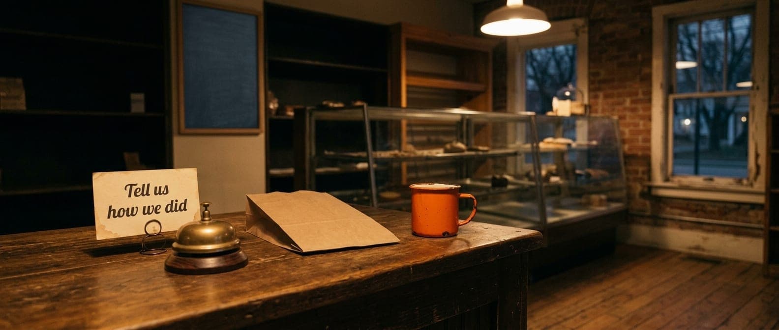 A bakery counter at closing time with a small card reading “Tell us how we did”, a brass bell and an orange mug