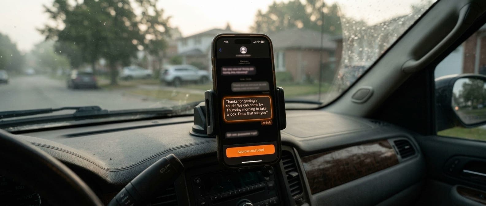 A phone on a van dashboard showing a reply drafted by AI, marked “AI draft”, waiting for someone to tap “Approve and Send”