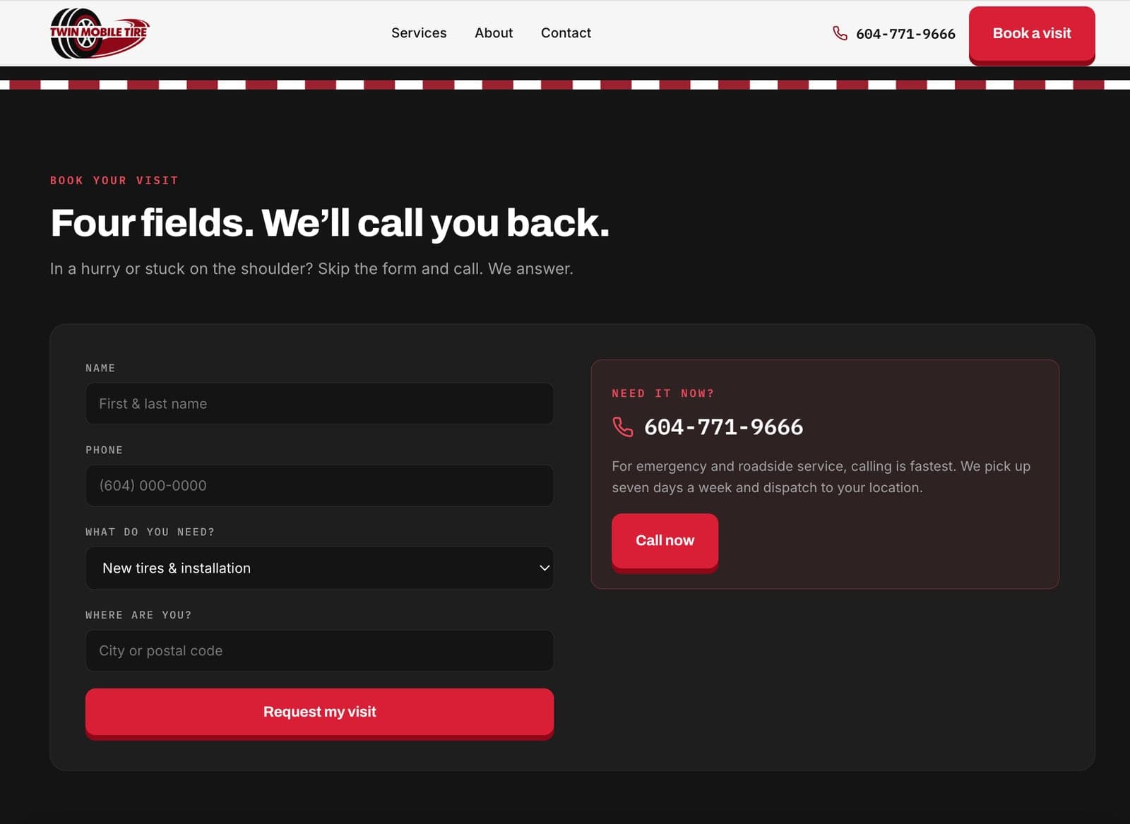 The new booking section, “Four fields. We'll call you back.”, with the phone number beside the form for anyone who needs help now.