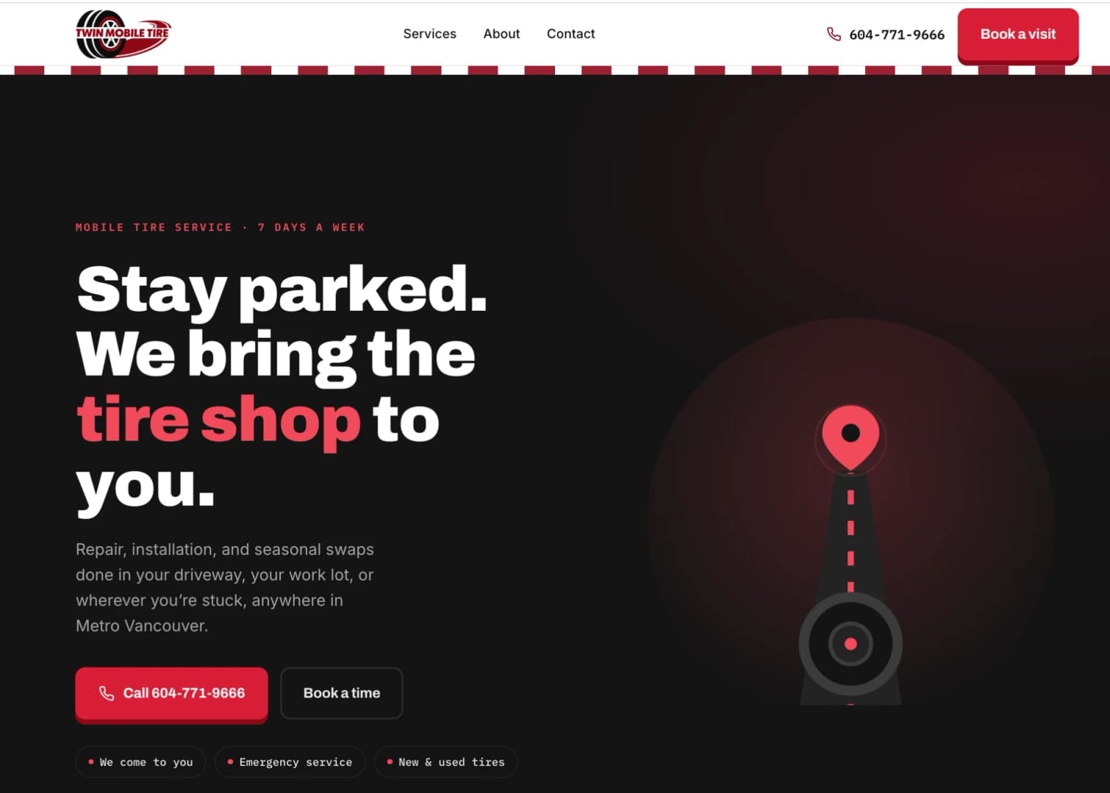 The new homepage: a near-black page with the headline “Stay parked. We bring the tire shop to you.”, the phone number and a “Book a visit” button.