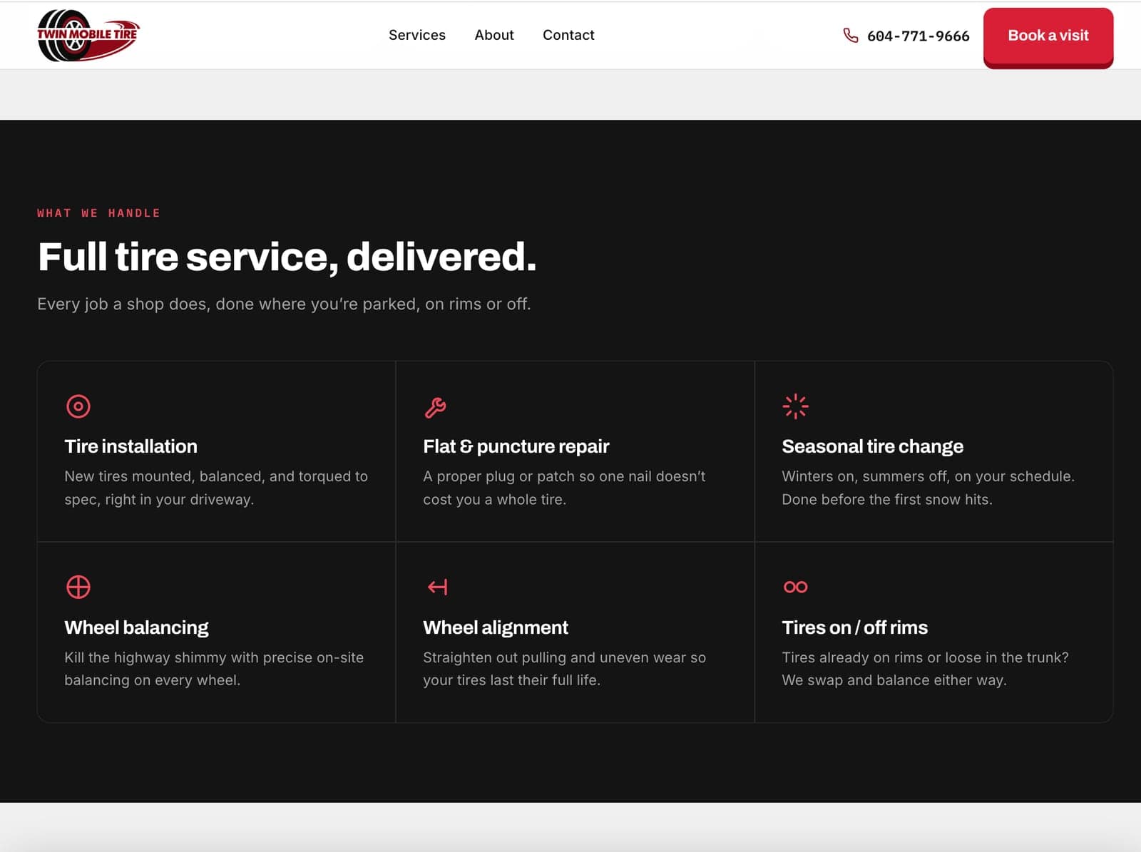 The new services section, “Full tire service, delivered.”, listing six services from tire installation to tires on and off rims.