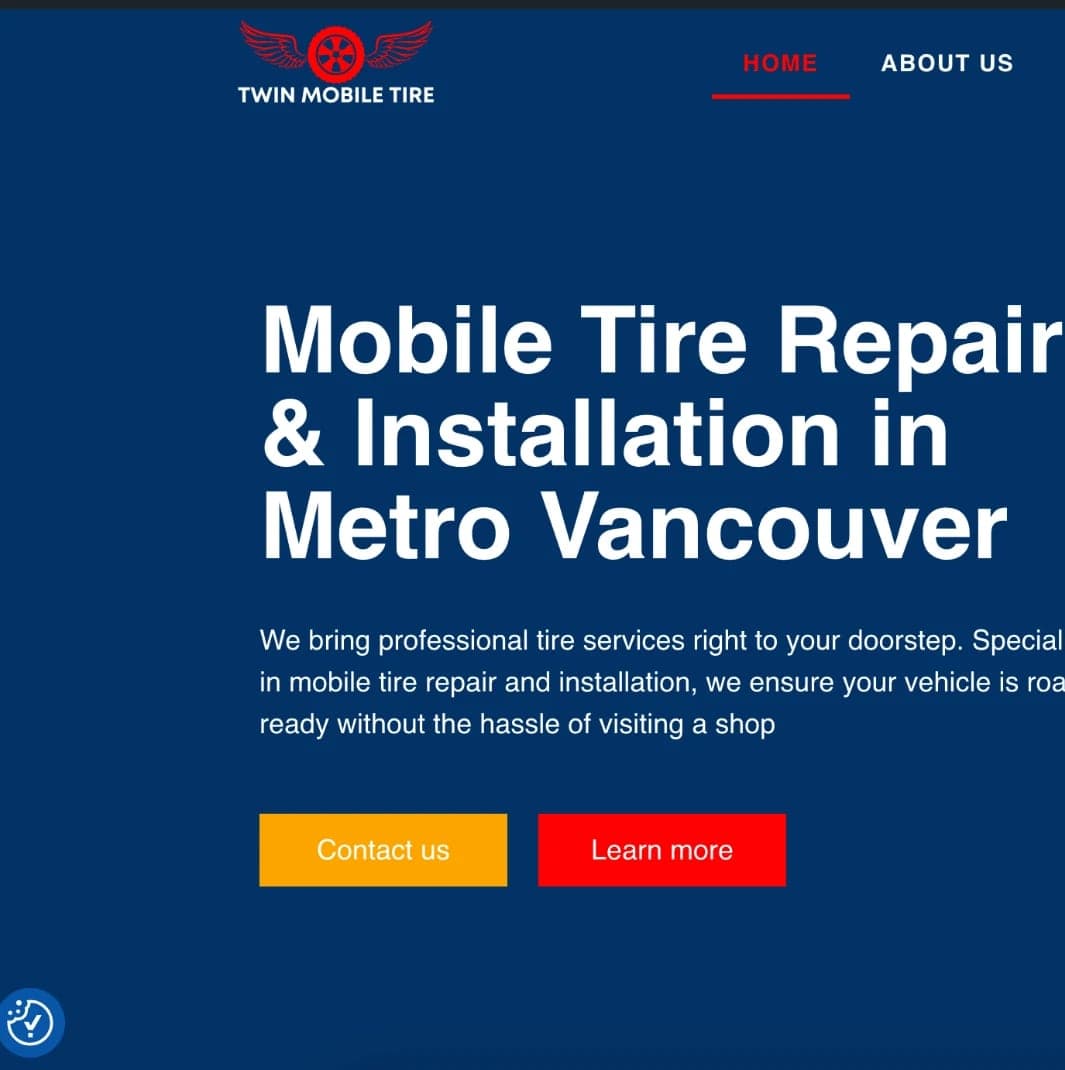 Twin Mobile Tire's old homepage: a navy page with a winged logo, the headline “Mobile Tire Repair & Installation in Metro Vancouver”, and a yellow and a red button.
